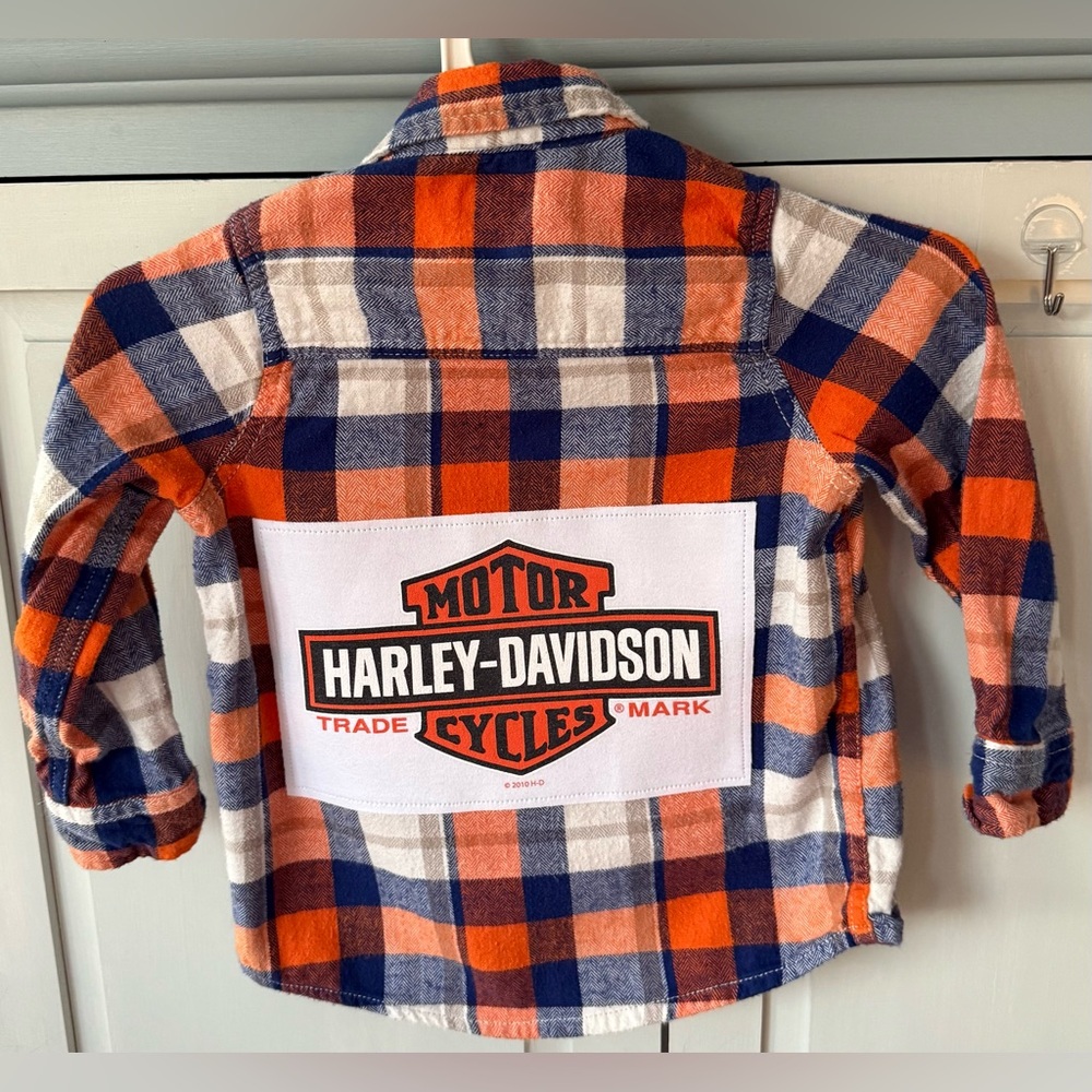 Custom Upcycled Harley Davidson Blue Orange Flannel Graphic Shirt Size 4T OOAK - Picture 2 of 3